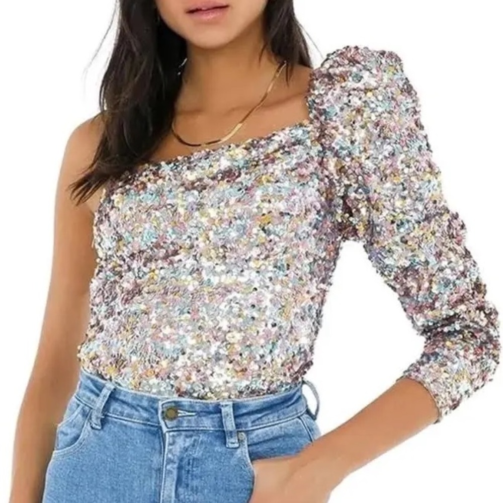 Astr Multicolor Sequin One-Shoulder Bodysuit
